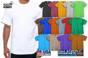 Short Sleeve Casual Basic Crew Neck Plain 100% Cotton T-Shirts NEW Blank Solid - Picture 1 of 17