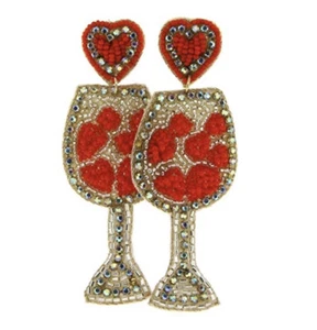 VALENTINES RED CHAMPAGNE GLASS LOVE HEART SEED BEED RHINESTONE DANGLE EARRINGS - Picture 1 of 1
