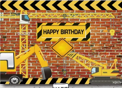 CONSTRUCTION TRUCKS CRANE PERSONALISED BIRTHDAY PARTY BANNER BACKDROP - Image 1 of 3