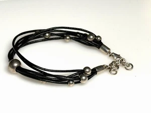 Sterling Silver 925 Bracelet Leather Straps Multi Layered 10.96g Unisex - Picture 1 of 7