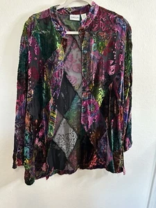 Chico's Burnout Velvet Floral Boho Multicolor Silk Blend Blouse Top Size 1 Small - Picture 1 of 9