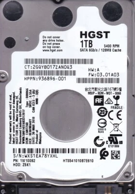 HGST HTS541010B7E610 dcm: EANT2AB MAR/2018  WXS1E Malaysia 1TB SATA 2.5" B20-08 - Image 1 of 2