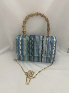 Haute Hippie Bag Blue Straw Bamboo Handle Shoulder Crossbody Gold Chain - Picture 1 of 8