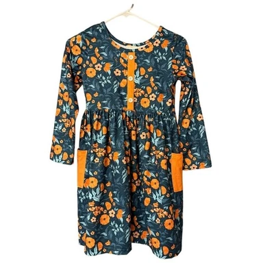 Vestido Marie Nicole Niñas 4XL Manga Larga Estampado Floral Bolsillos Naranja Azul Marino Foto 1 de 4