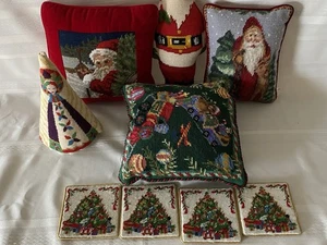 9 Vintage Nadelspitze Gobelin Weihnachten Überwurf Kissen Baumspitze & Untersetzer - Bild 1 von 19