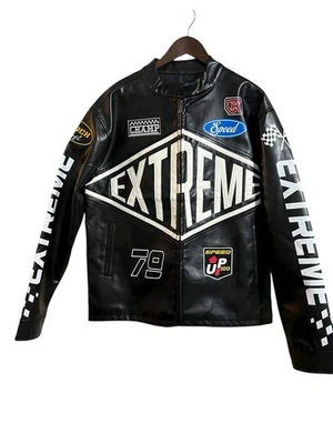 COPPER RIVET Black Multicolor Moto Racing PU Leather Jacket Men’s XL  NWT - Image 1 of 4