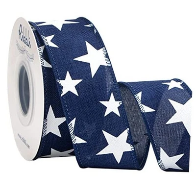  Patriotic Ribbon Wired Navy with White Star 1-1/2 Inch x 10 Yard Red 1.5 inch - Image 1 of 4