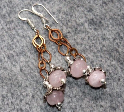 Classic Rose Quartz 925 Silver Plated Beaded Two Tone Earrings 2.6" JW - Image 1 of 3