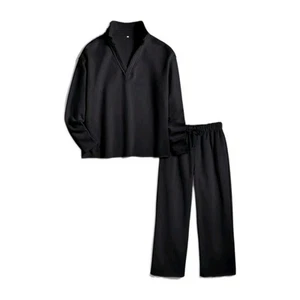 Small ~ Casual 2 Piece Sets for Women V Neck Long Sleeve Tops Wide Leg Black - Picture 1 of 1