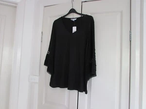 Ladies Top Size L Rockmans 3/4 Wide Sleeves Black Polyester 99% Elastane 1% - Picture 1 of 11