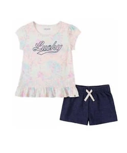Lucky Brand Little Girl's 2 Piece Outfit Set, 1 Tee and 1 Short (Purple/Denim, 7 - Picture 1 of 1