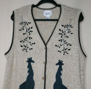 Christopher & Banks Womens Sz L Cardigan Sweater Vest Tan Green Giraffes EUC - Picture 1 of 6