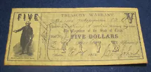 Vintage State of Texas Treasury Warrant Five Dollar *reprint* 1862 - Imagen 1 de 2