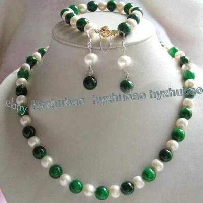 Collar + Pulsera + Juego de Pendientes Gemas Jadeíta Verde Perla Blanca Natural 10mm 18" Foto 1 de 4