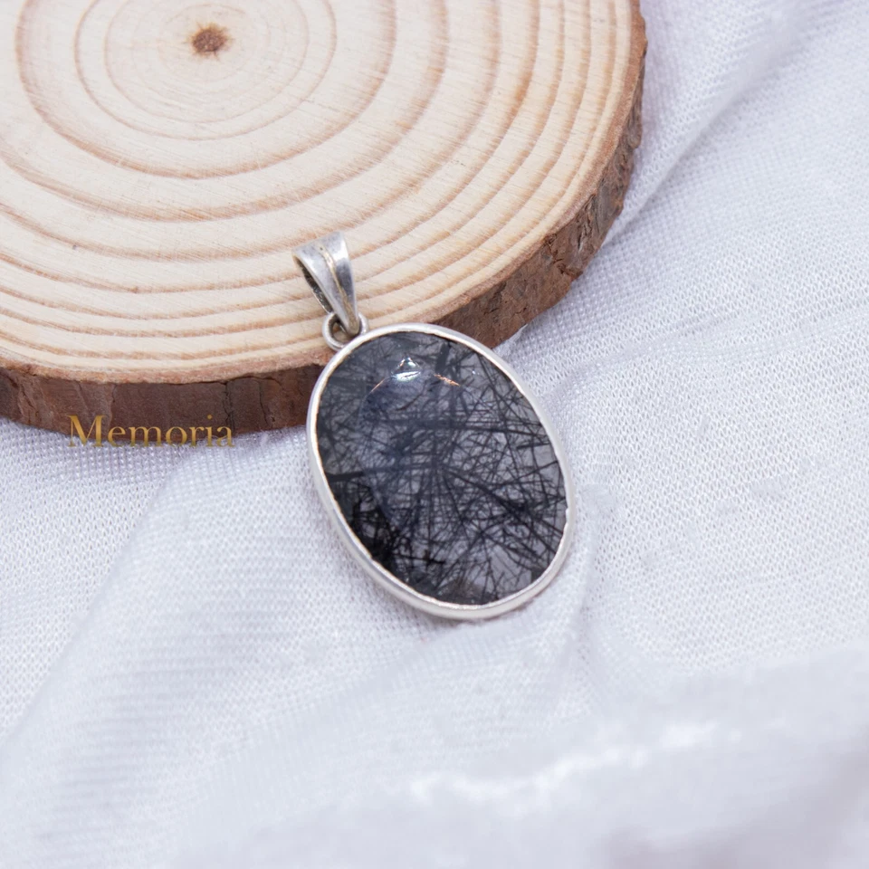 Nero Rutilato Quarzo Gemma 925 Argento Sterling Ciondolo Gioielli per Donna - Immagine 1 di 1