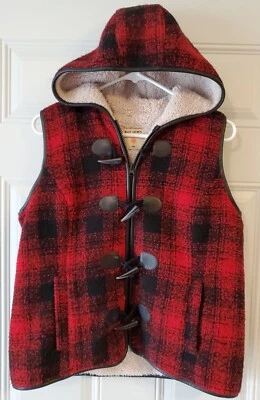 RUFF HEWN Mujer Rojo/Negro Con Capucha Imitación Sherpa Forrado Chaleco Cuerno Palanca Botones PM Foto 1 de 4