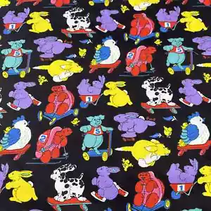 1 Yard Vintage Animals on Scooters Skateboards Colorful Cotton Fabric Springs In - Picture 1 of 7