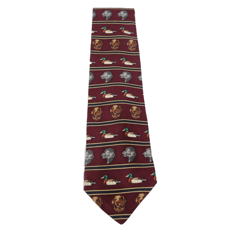 Corbata Orvis De Colección Para Hombres 57 en Seda Borgoña Multicolor Pato Mallardo Perro Caza Ancha Foto 1 de 4