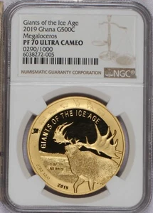 2019 Ghana Gold Giants of the Ice Age Megaloceros 1 oz. 500 Cedis NGC PF70 UC - Picture 1 of 2