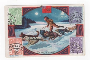 " THE MAIL IN CANADA " MAN & DOG SLED CLOTHING & STAMP TRADE CARD CHICAGO IL - Picture 1 of 2