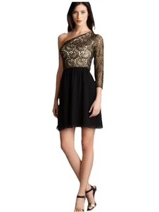 Kenzie Party Dress One Shoulder Black Lace Long Sleeve Cocktail Short Y2k 12 NEW - Picture 1 of 8