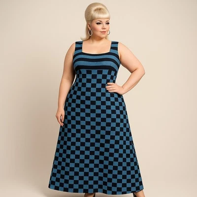 Vintage 60s 70s Uschi Modell Maxi Dress Op Art Blue Black Checkerboard Space Age - Image 1 of 4