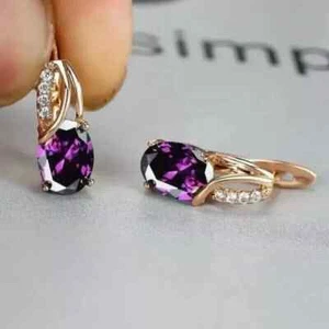2.55Ct Oval Cut Lab-Created Amethyst Hoop Style Earrings 14K Rose Gold Plated - Picture 1 of 6