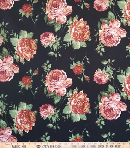 Liverpool Knit Carnations on Black 58" Fabric by the Yard - Picture 1 of 1