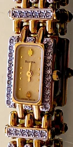 BULOVA Women's Quartz Gold Rectangular Watch Genuine Austrian Crystal 98T13 - Picture 1 of 24