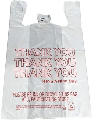 Bags 1/6 Large 21 x 6.5 x 11.5  WHITE THANK YOU T-Shirt Plastic  Shopping Bags - Image 1 of 3