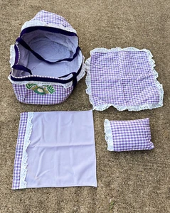 Vtg 80s Cabbage Patch Kids Purple Gingham Doll Carrier Bassinet Extras Handmade - Picture 1 of 22
