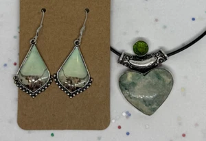 Tree Agate Peridot 925 Silver Gemstone Heart Pendant Jewelry & Earring Set - Picture 1 of 16