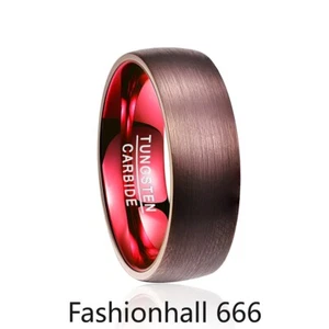 8mm Brown Red Men Rings Tungsten Rings Tungsten Dome Brushed Wedding Band - Picture 1 of 3