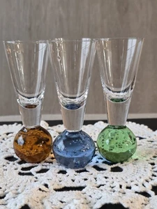Set of 3 Vtg MCM Cordial Shot Glasses Bubble Ball Base Green Blue Amber - Picture 1 of 12