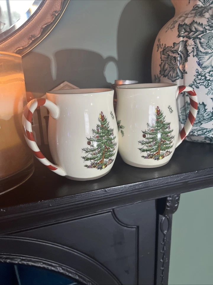 Pair of  11cm Spode Christmas Tree Mugs With Peppermint Candy Stripe Handles - Image 1 of 4