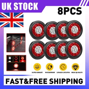 8x Round 16-LED Truck Stop Trailer Brake Turn Signal Red White Tail Light Lamp - Picture 1 of 17