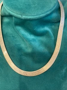 Sterling Silver Greek Key Herringbone 16” Reversible Diamond Cut Necklace Italy - Picture 1 of 9