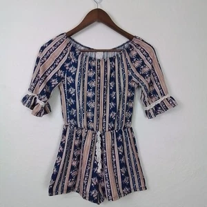 Heart & Arrow Girl Floral Stripe Romper Size M (10) Blue Pink Boho Ruffle Sleeve - Picture 1 of 10