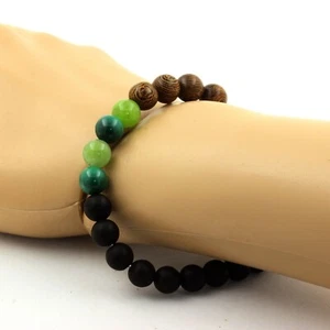 Bracelet Beads Malachite From Congo + Peridot + Black Onyx Matt + Wood - Picture 1 of 7