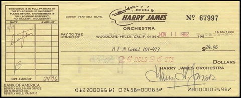 HARRY JAMES - CHECK SIGNED 11/11/1982 Cover