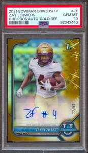2021-22 Bowman University Zay Flowers RC Auto Gold Refractor #/50 PSA 10 Ravens - Picture 1 of 2