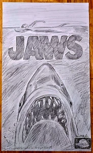 JAWS Original 13x22 Drawing Artist Signed GREAT WHITE SHARK HORROR MOVIE ART - Picture 1 of 1