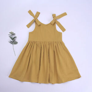 Toddler Girl Cotton Linen Solid Dress Sling Summer Casual Beach Girls Sundress