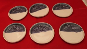 Signed Studio Art Pottery 6 Small Plates Set Fish White Blue 8.0 cm 3 1/8" Wide - Picture 1 of 12