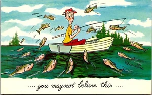 Vintage Humor Comic Postcard Size Insurance AD Fish Jumping in Boat Fishing - Picture 1 of 3