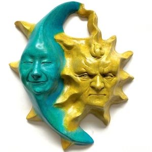 10" Sun & Moon Folk Art Wall Sculpture, a Handmade Original by Claybraven - Picture 1 of 12