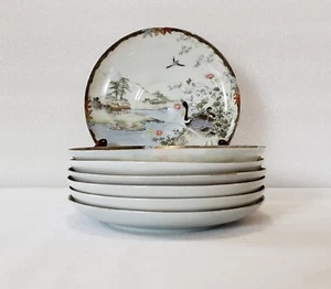 Japanese Meiji Era Saucers 5 1/2 Inch Kutani Ware Antique Early Birds Nature 7pc - Picture 1 of 14