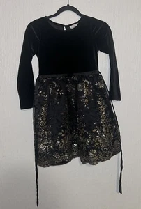 Rare Editions Girls SZ 10 Black Velour Long Sleeve Gold Floral Pattern on Skirt - Picture 1 of 5
