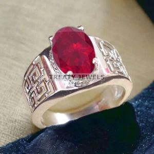 Ruby Oval Cut Gemstone With 925 Sterling Silver Ring For Men's #A522 - Picture 1 of 6