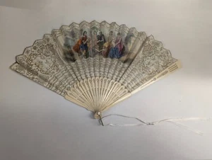 Antique French Victorian Folding Hand Fan Paper Carved Bone Vintage - Picture 1 of 20